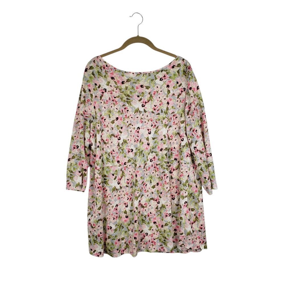 J Jill Love Linen Pink Floral Babydoll Tunic Top 3/4 Sleeve L Tie Back Keyhole